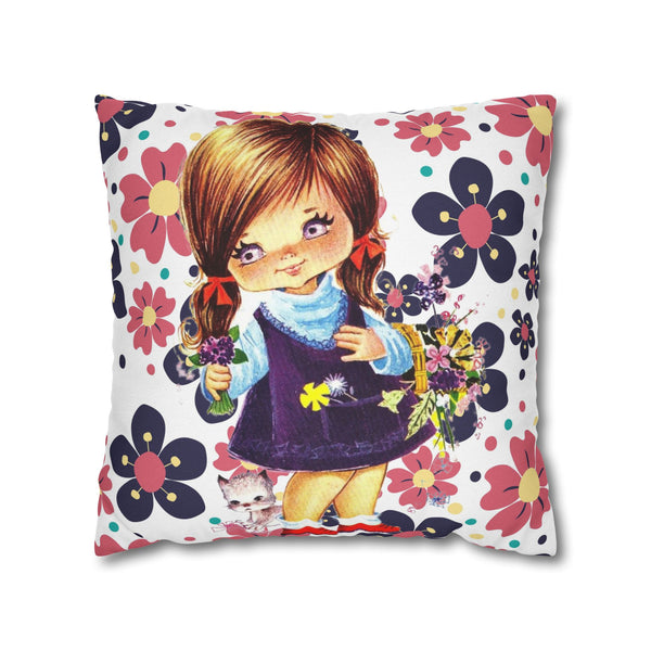 Vintage 60's Big Eyed Cute Girl, Violets, Flower Power, Groovy Hippie Vibes, Pillow COVER Only