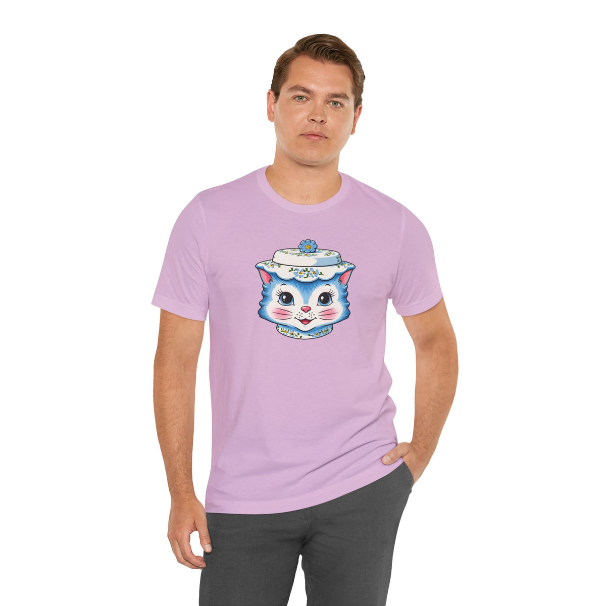 Mid Century Modern Kitschy Anthropomorphic Blue Cat with Floral Hat Unisex T-Shirt