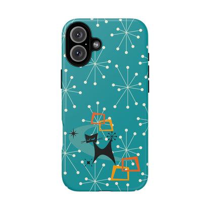 Atomic Space Cat, Starburst Blue, Retro Groovy Smart Phone Tough Phone Cases