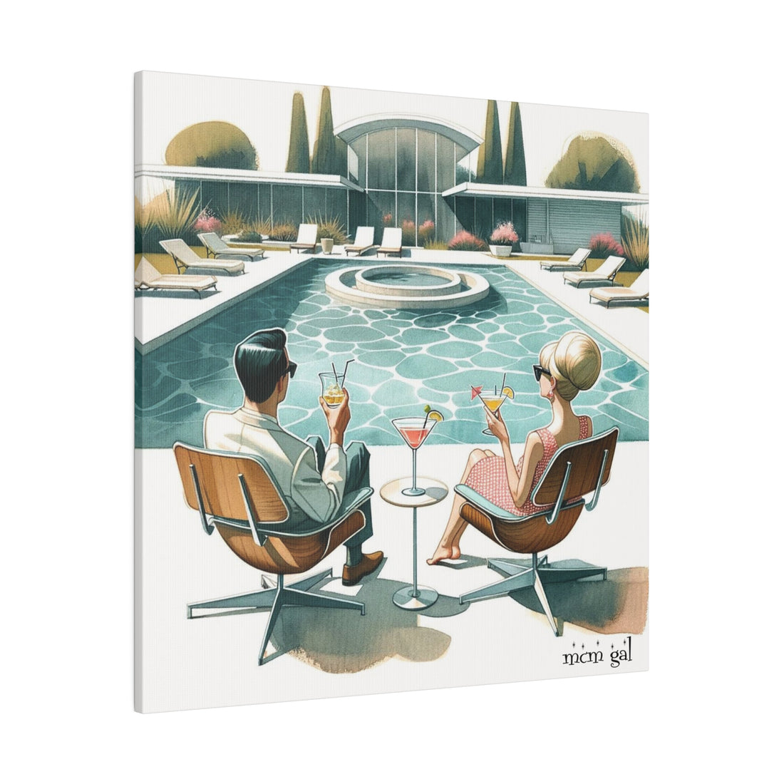 Palm Springs California, Pool, Cocktails, 50s Style Mid Century Modern Wall Art Canvas