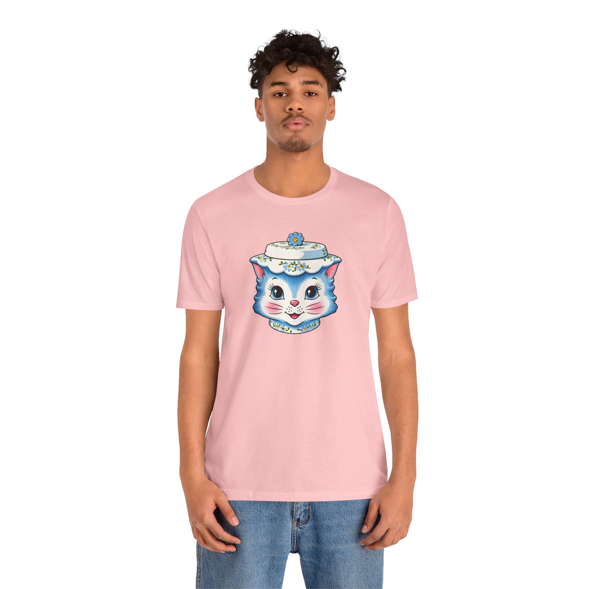 Mid Century Modern Kitschy Anthropomorphic Blue Cat with Floral Hat Unisex T-Shirt
