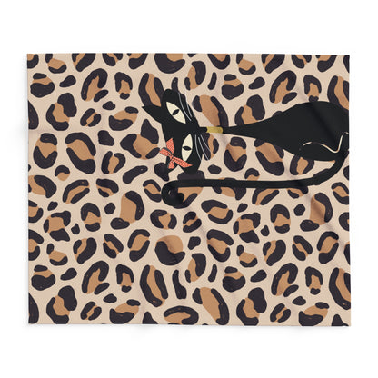 Leopard Print Atomic Cat, Cozy Lightweigt Kitschy Mid Mod  Fleece Blanket