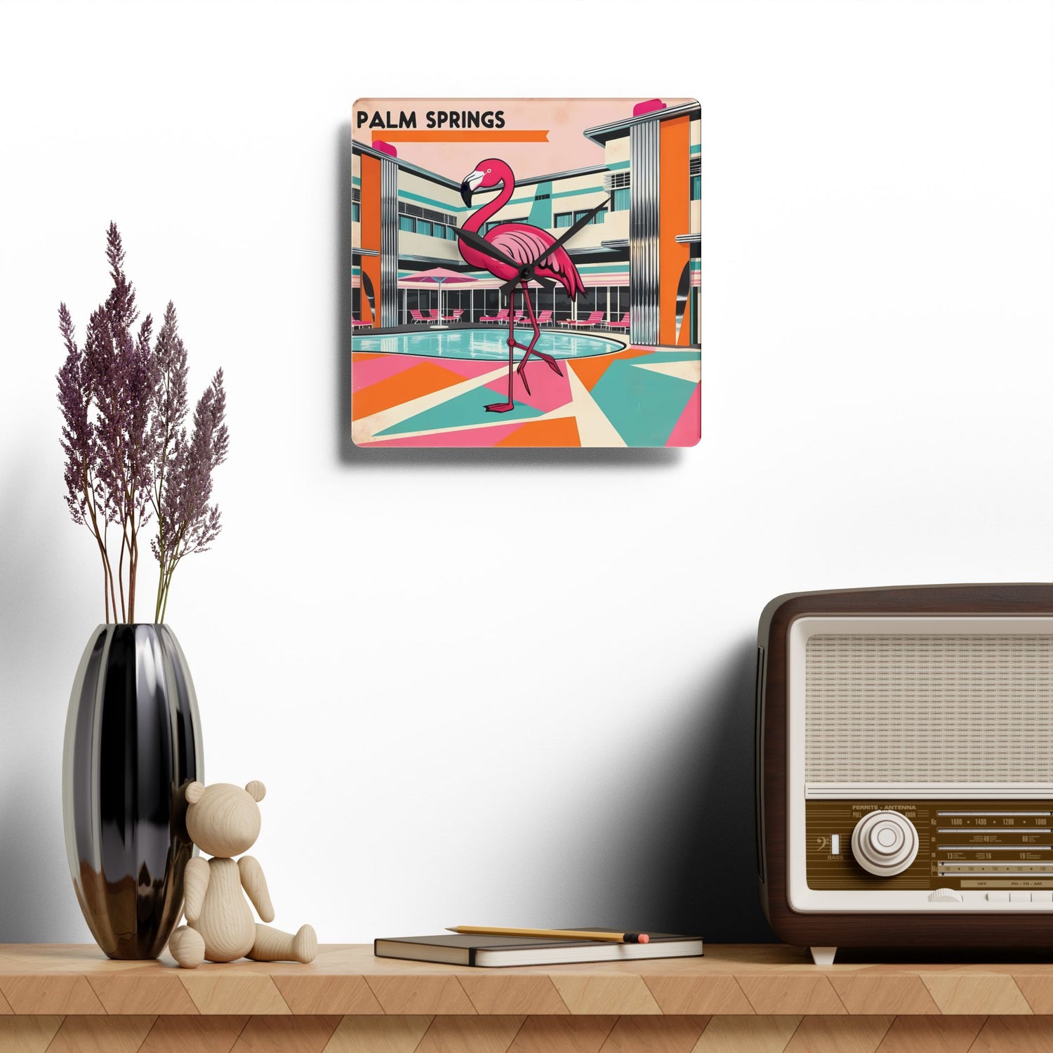 Retro Palm Springs Flamingo Wall Clock - Fun Home Decor for Beach Lovers, Gift for Housewarming, Summer Vibes - Mid Century Modern Gal