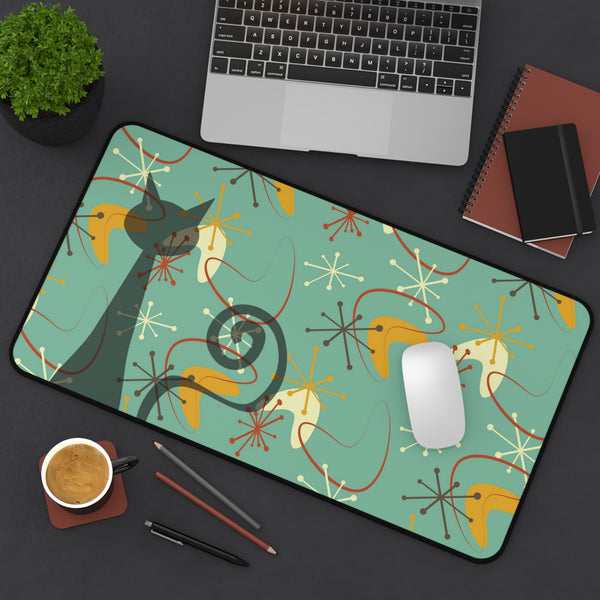 Atomic Cat Boomerang Retro Mid Century Modern Green, Brown, Yellow, Beige MCM Home Decor Desk Mat