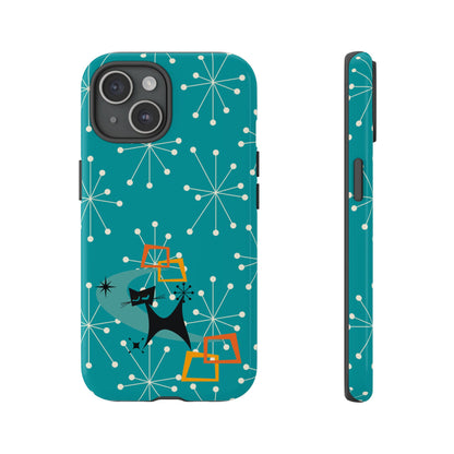 Atomic Space Cat, Starburst Blue, Retro Groovy Smart Phone Tough Phone Cases