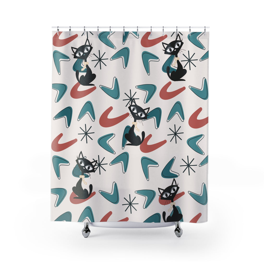 Atomic Cat Bathroom Shower Curtain, Kitschy MCM Boomerang Retro Bath Decor - Mid Century Modern Gal