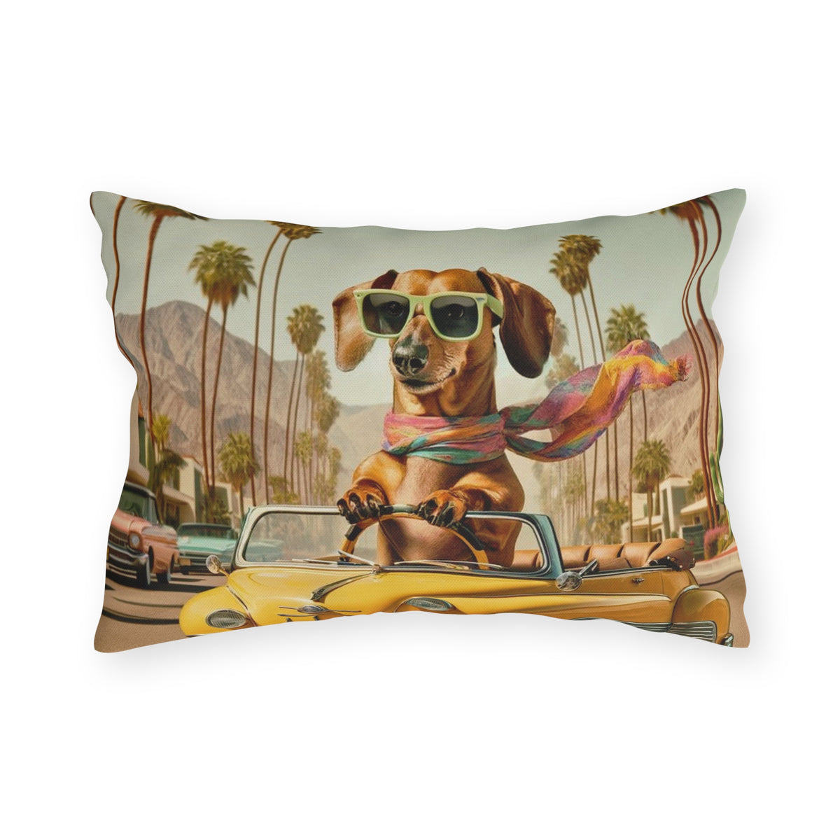 Doxie Dog, Retro Palm Springs Cali Kitschy Fun Outdoor Pillows - Mid Century Modern Gal