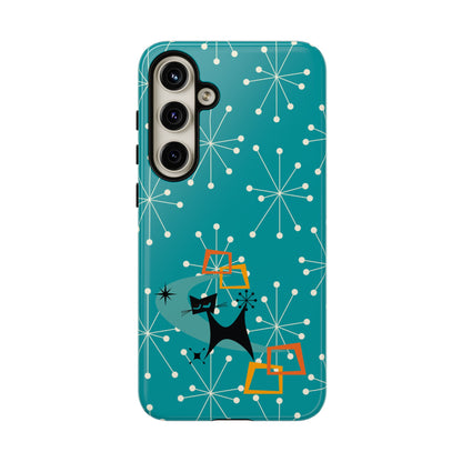 Atomic Space Cat, Starburst Blue, Retro Groovy Smart Phone Tough Phone Cases