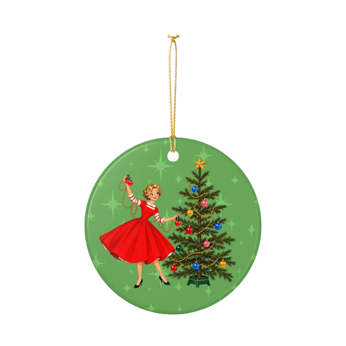 Mid Century Modern Gal Decorating Christmas Tree, Green Atomic Starbursts Ceramic Christmas Tree Ornament - Mid Century Modern Gal