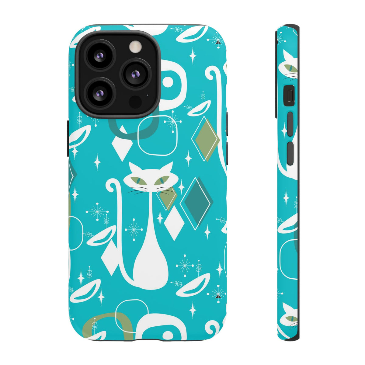Atomic Cat Space Designs, Mid Century Modern, Aqua, White Kitschy Cat Tough Phone Case