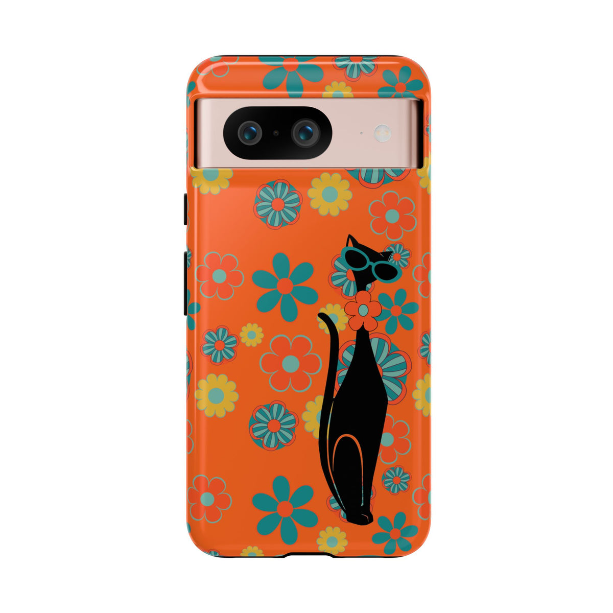 Flower Power, Retro Groovy Atomic Cat, Hipster Style Orange Samsung Galaxy and Google Pixel Tough Cases