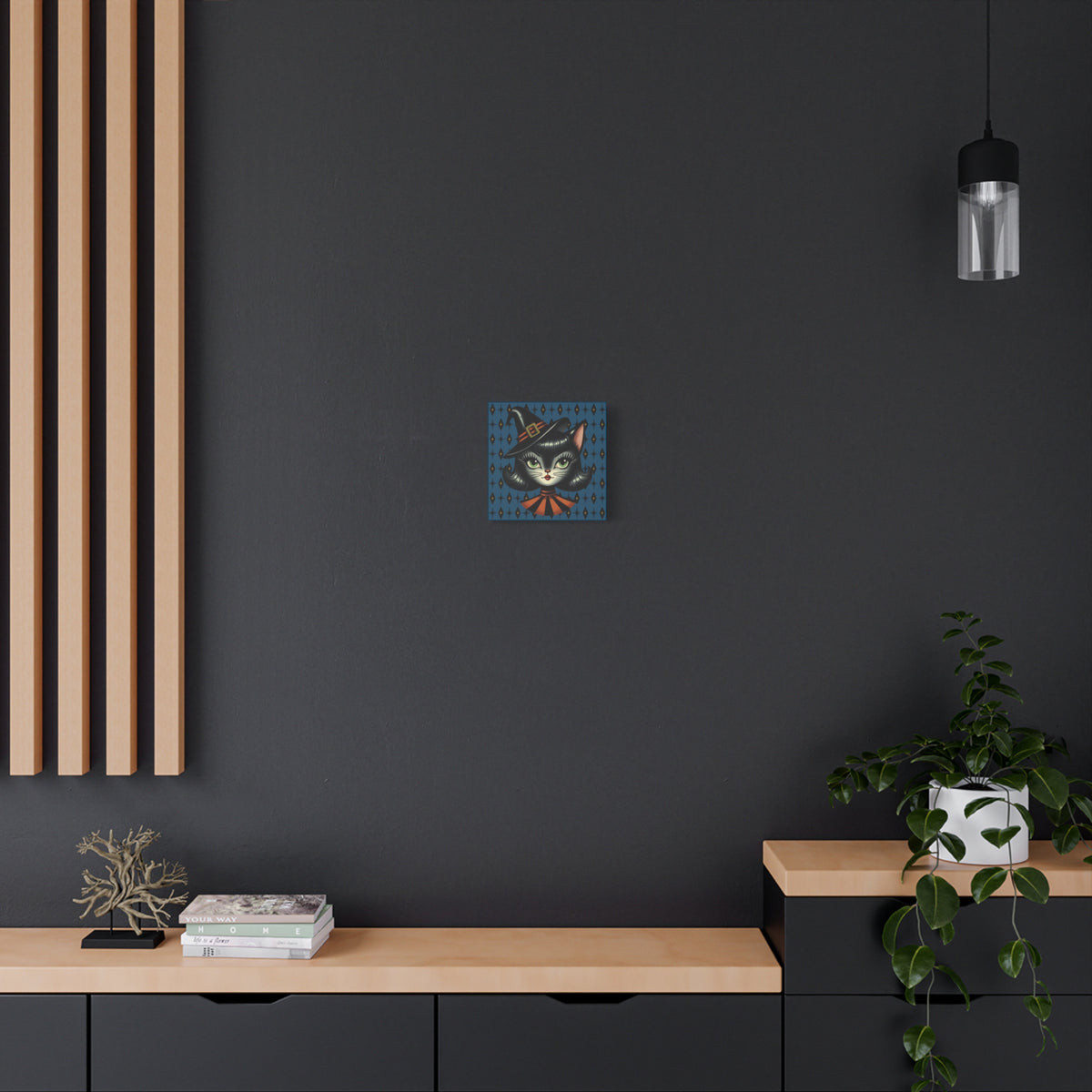 Vintage Halloween Black Cat Sexy Sexton Mid Century Modern Blue Matte Stretched Canvas Wall Art - Mid Century Modern Gal