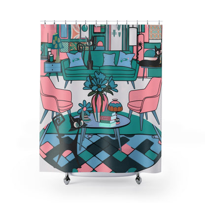 Atomic Cat Mid Century Modern Quirky Whimiscal Cat-Themed Shower Curtain for Trendy Home Décor - Mid Century Modern Gal