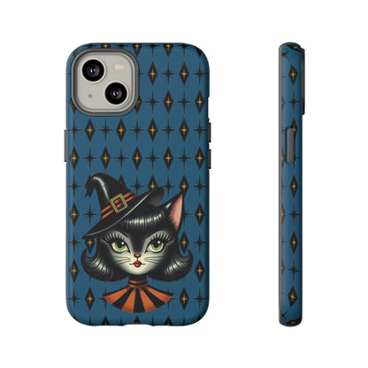 Vintage Halloween Black Cat Sexy Sexton Mid Century Modern Blue Tough Phone Case