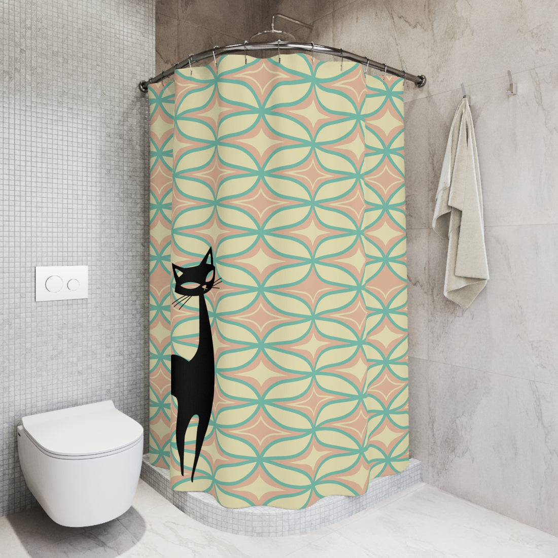 Atomic Whimsical Cat Mid Century Modern Pattern Shower Curtain - Fun and Stylish Bathroom Decor - Mid Century Modern Gal