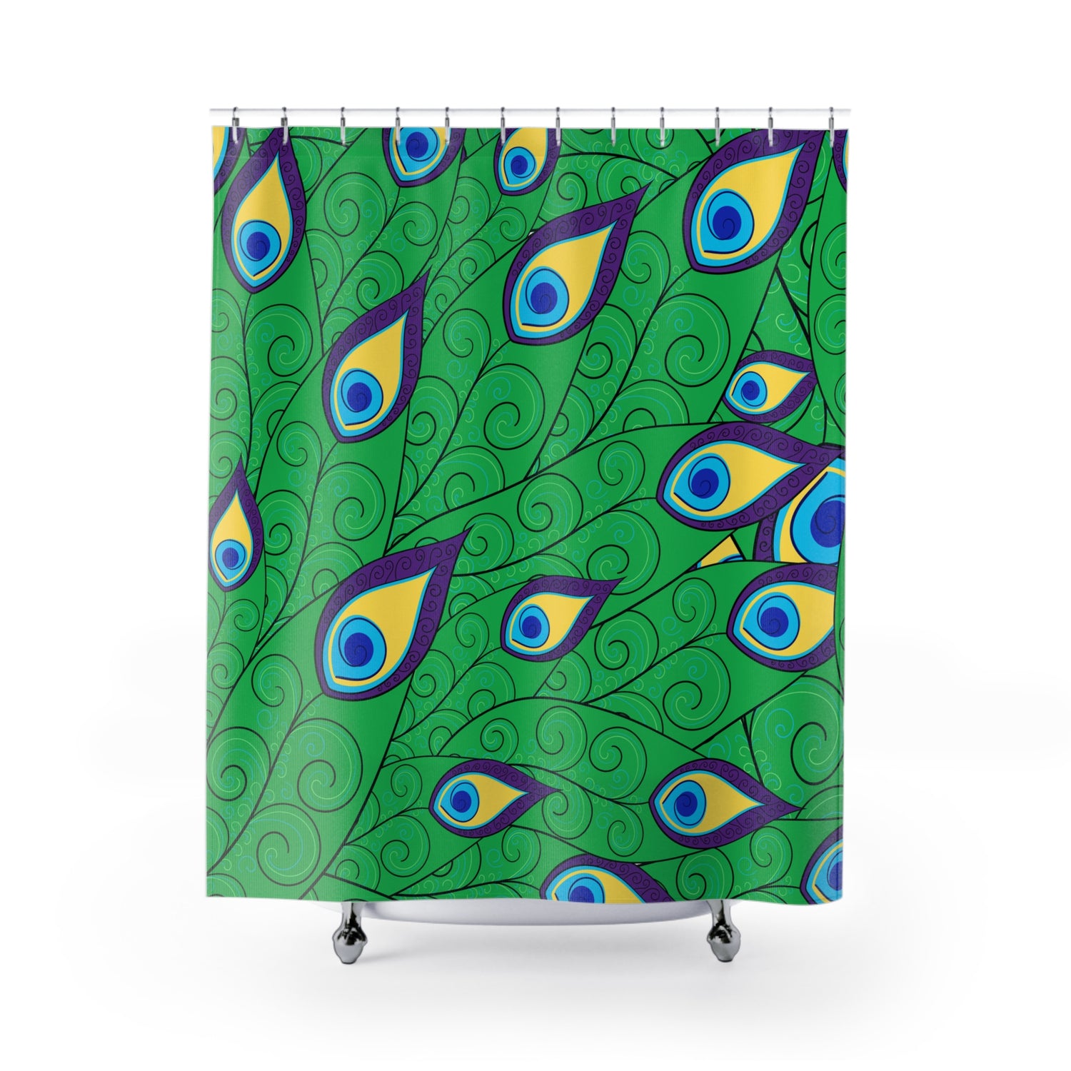 Mid Century Peacock Green, Purple, Yellow And Blue Boho Modern Shower Curtains - Mid Century Modern Gal