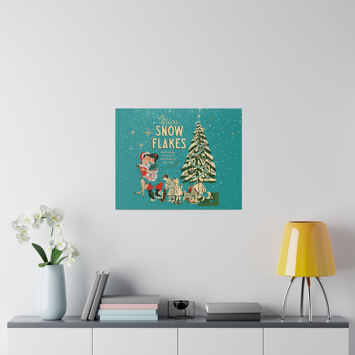 Mid Century Modern Kitschy Christmas Mantel Wall Art, Teal Blue, Mica Snow 50s Mod Couple Christmas Scene Canvas Art - Mid Century Modern Gal
