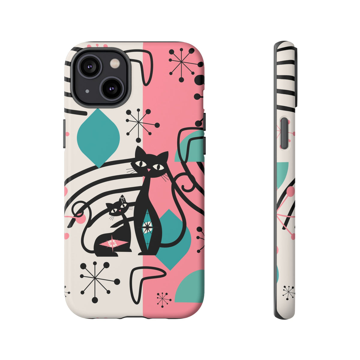 Mid Mod Atomic Cat Boomerang Starburst, Pink, Black Kitschy Stylish Cat Phone Case: Modern Design for Cat Lovers - Mid Century Modern Gal