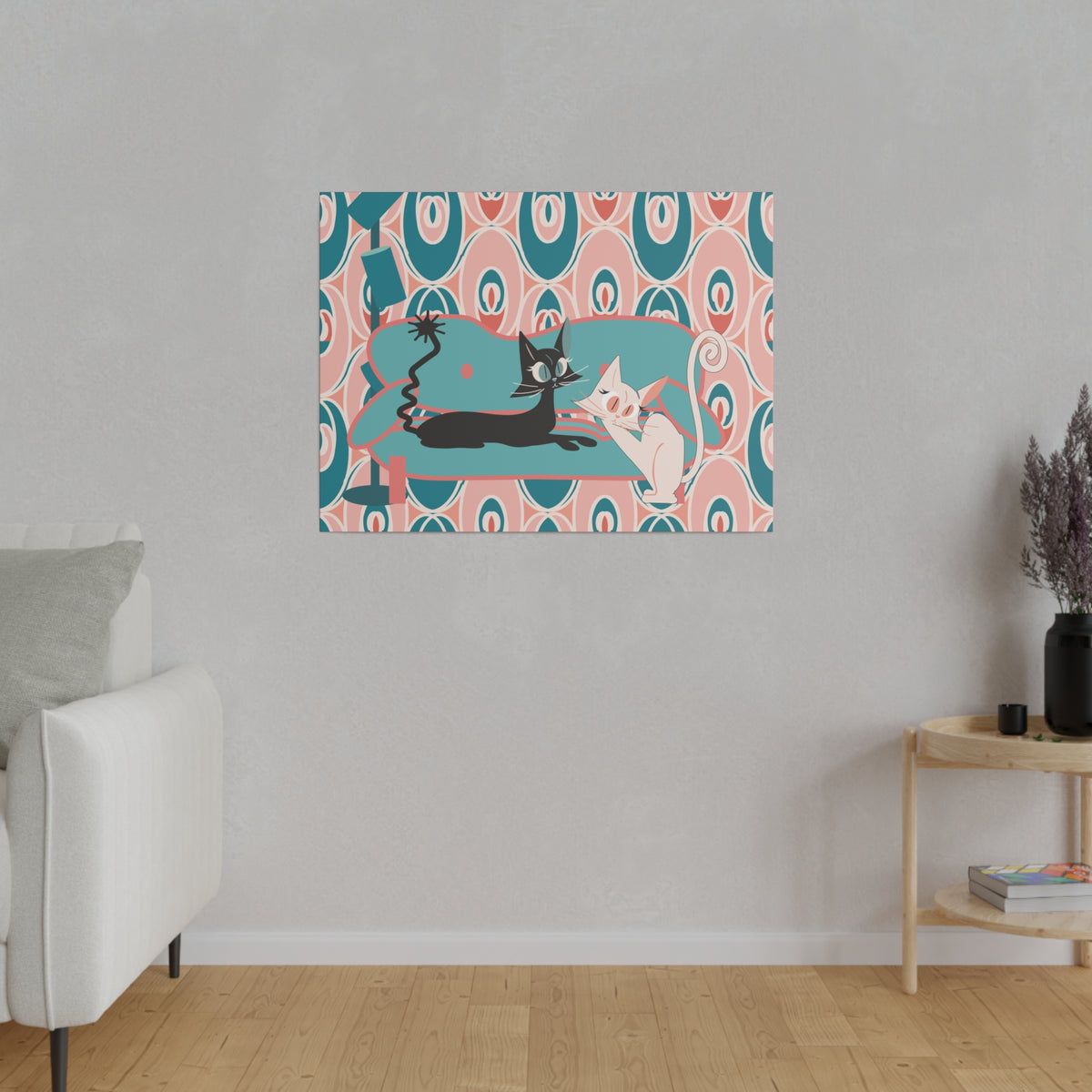 Atomic Cat Wall Art, Teak, Pink, Mid Century Modern Wall Art - Mid Century Modern Gal