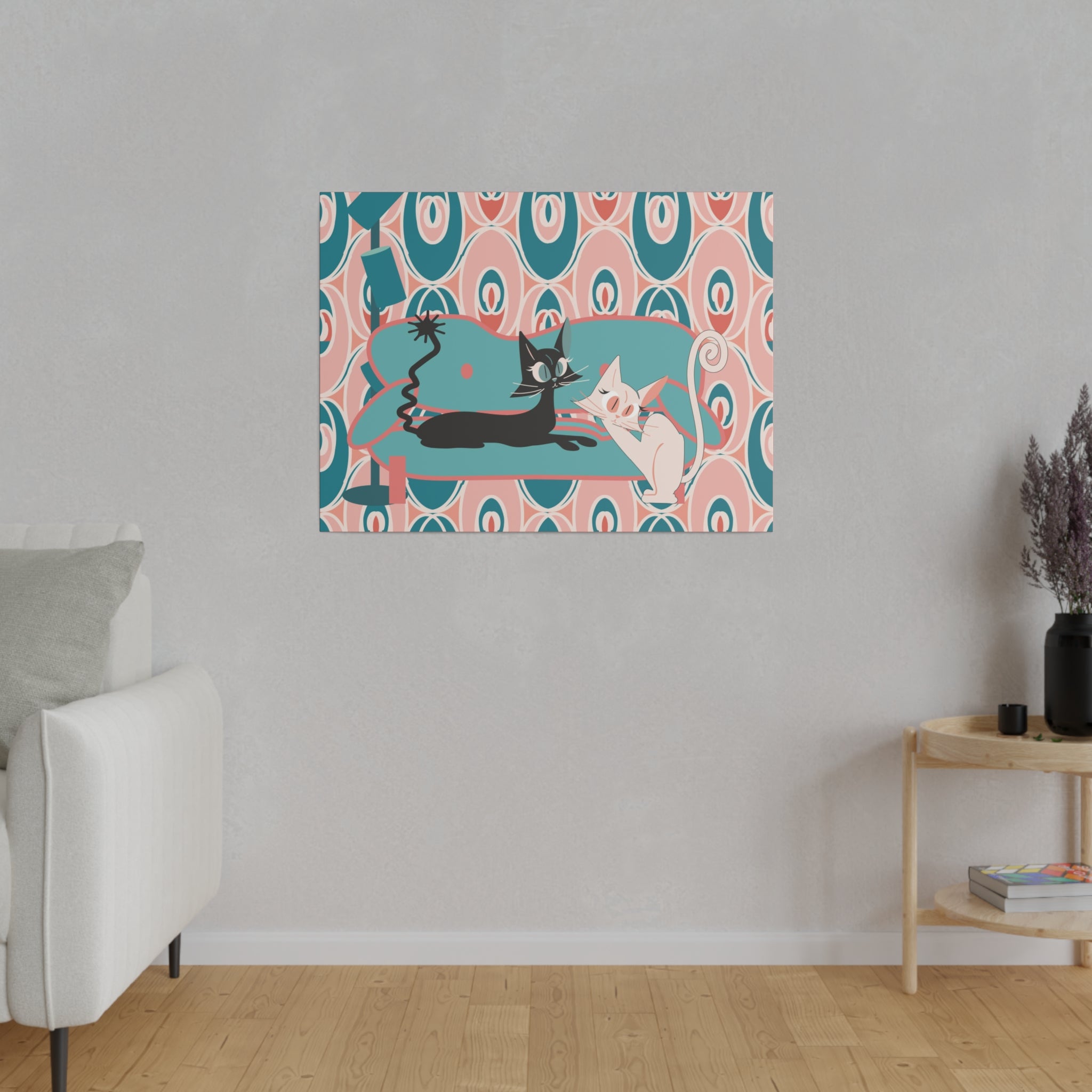 Atomic Cat Wall Art, Teak, Pink, Mid Century Modern Wall Art