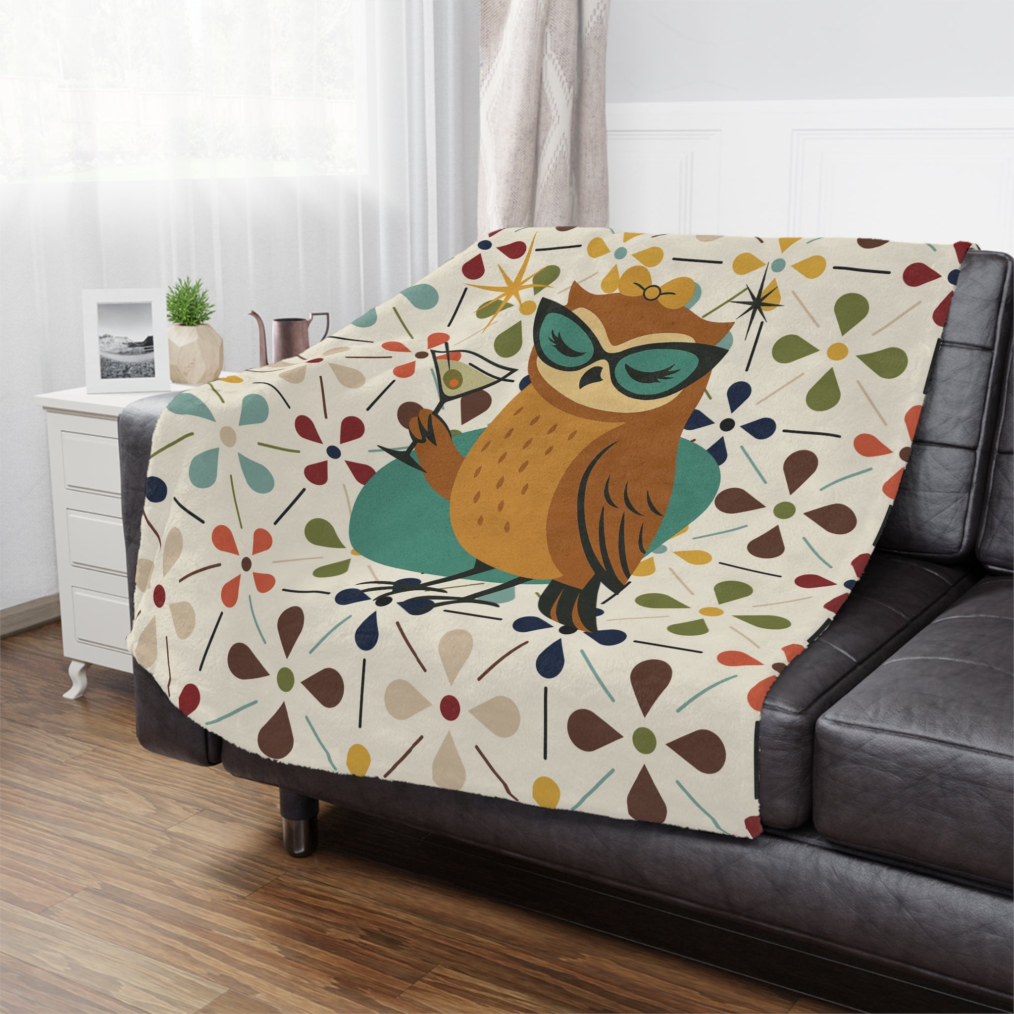 Mid Century Modern Scandinavian Flower, Kitschy Cocktail Owl Soft Minky Blanket - Mid Century Modern Gal