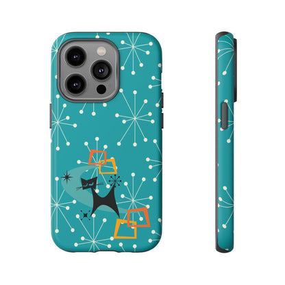 Atomic Space Cat, Starburst Blue, Retro Groovy Smart Phone Tough Phone Cases