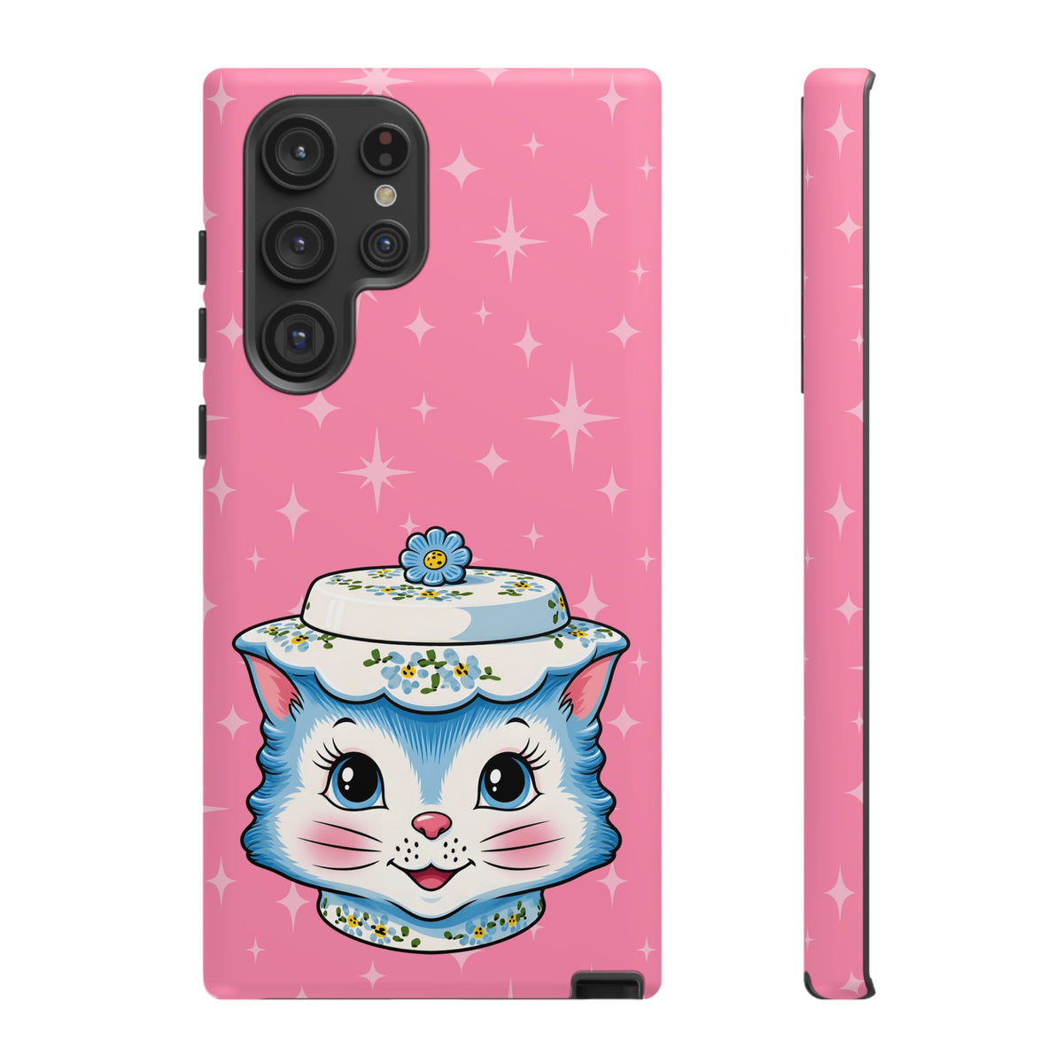 Mid Century Modern Kitschy Anthropomorphic Blue Cat with Floral Hat Tough Phone Case