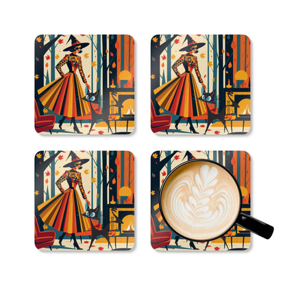 Halloween Kitsch Witch Atomic Cat, Quirky Fun Fall Halloween Corkwood Coaster Set - Mid Century Modern Gal