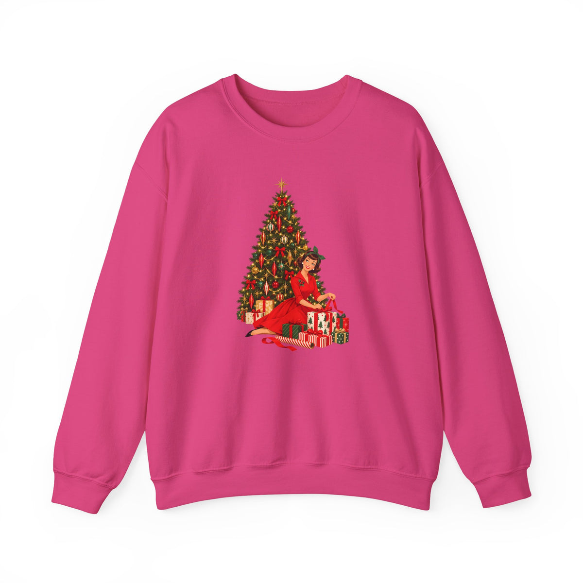 Mid Century Modern Christmas Glamour Gal Wrapping Presents by Tree Unisex Heavy Blend™ Crewneck Sweatshirt - Mid Century Modern Gal