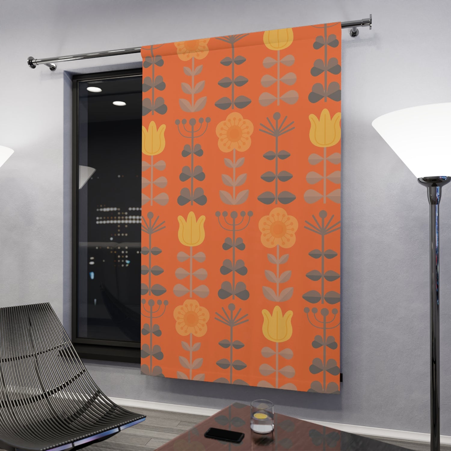 Scandinavian Curtains, Modern Danish, Nordic, Hygge, Orange, Yellow, Retro Folk Art Flowers, Floral Blackout Window Curtains - Mid Century Modern Gal