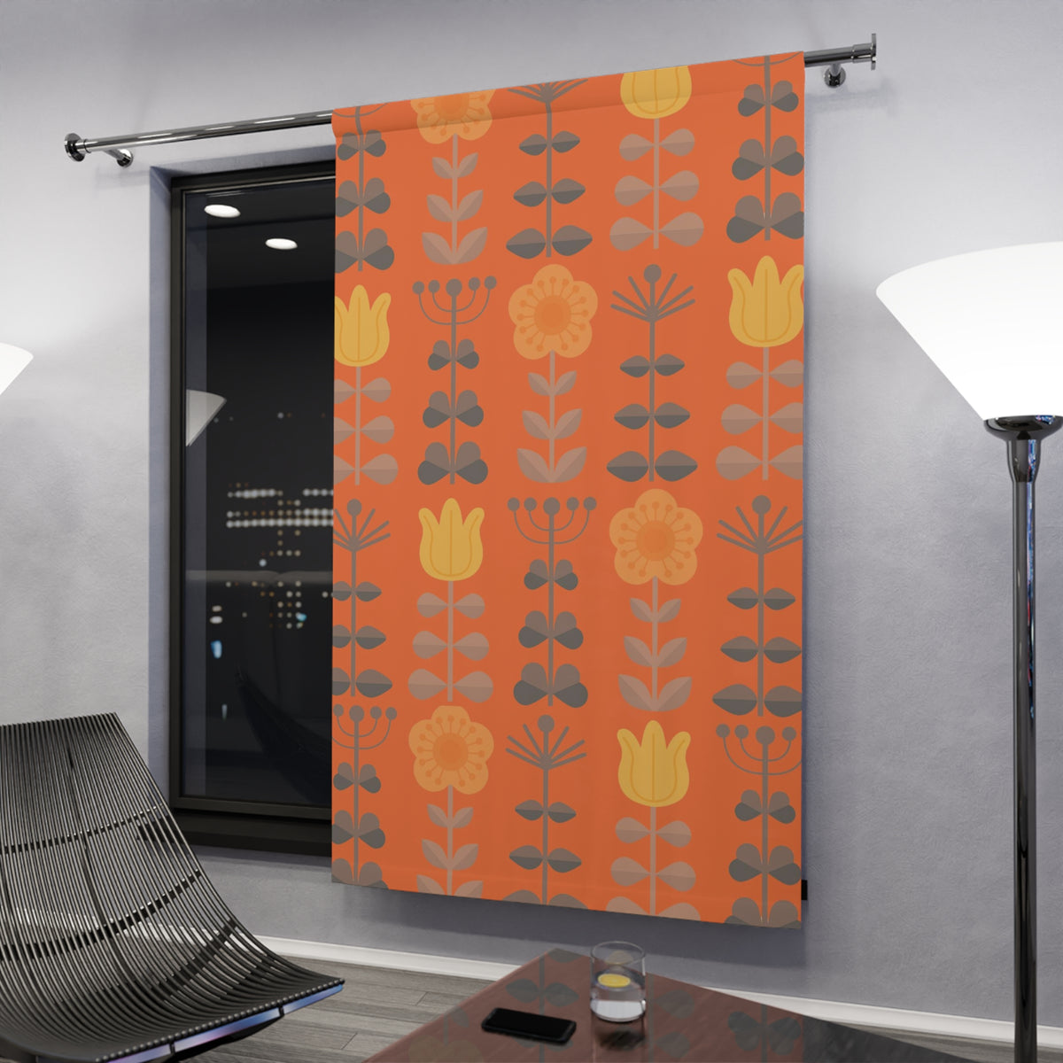 Scandinavian Curtains, Modern Danish, Nordic, Hygge, Orange, Yellow, Retro Folk Art Flowers, Floral Blackout Window Curtains - Mid Century Modern Gal