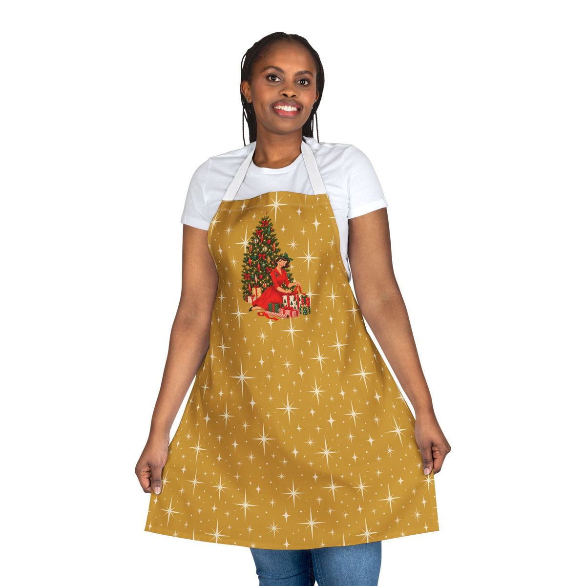 Mid Century Modern Christmas Glamour Gal Wrapping Presents by Tree, Gold Atomic Starbursts Apron
