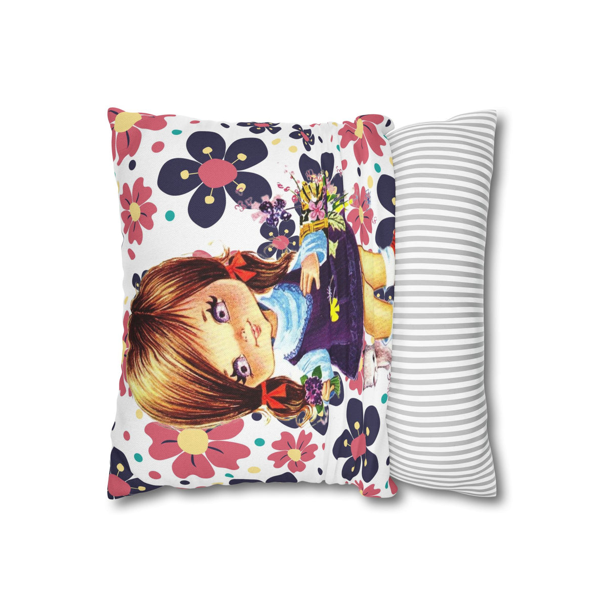 Vintage 60's Big Eyed Cute Girl, Violets, Flower Power, Groovy Hippie Vibes, Pillow COVER Only - Mid Century Modern Gal
