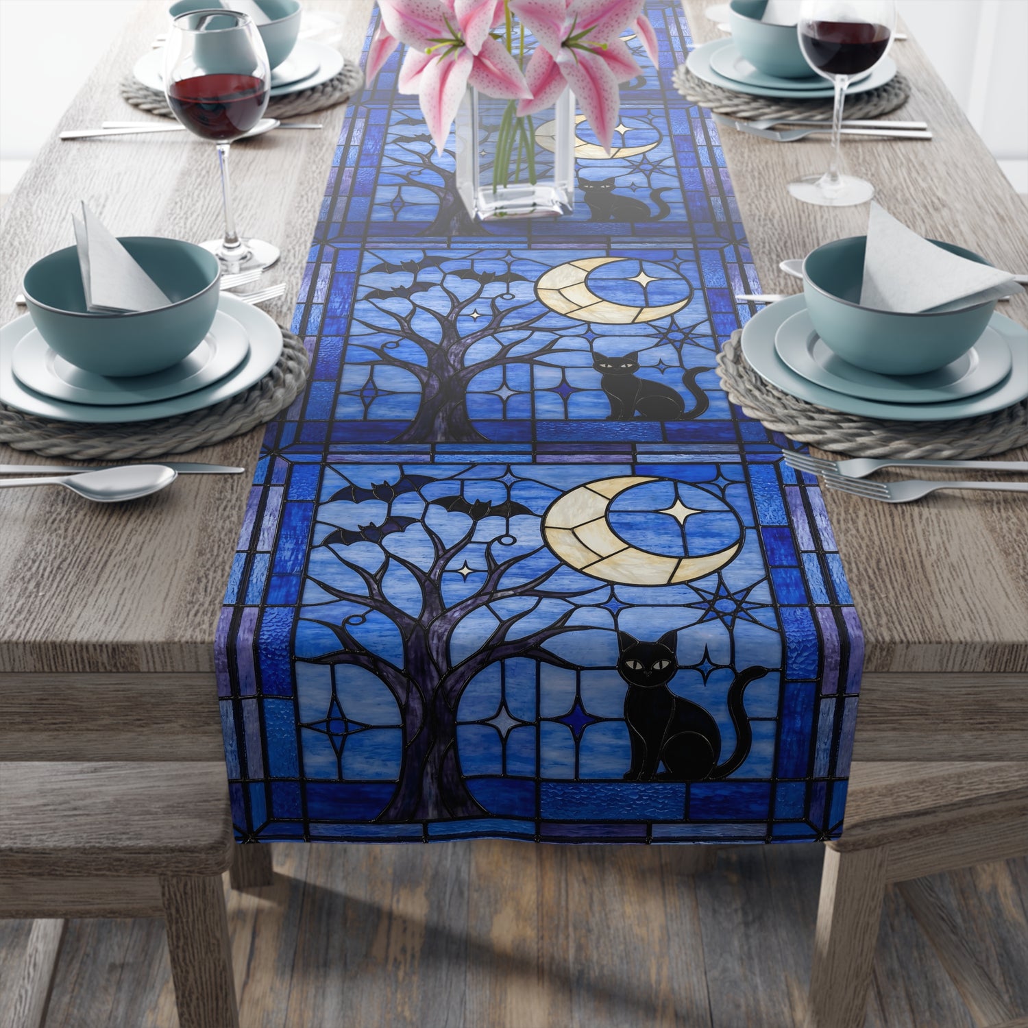 Halloween Stained Glass Style Night Sky Black Cat Table Runner