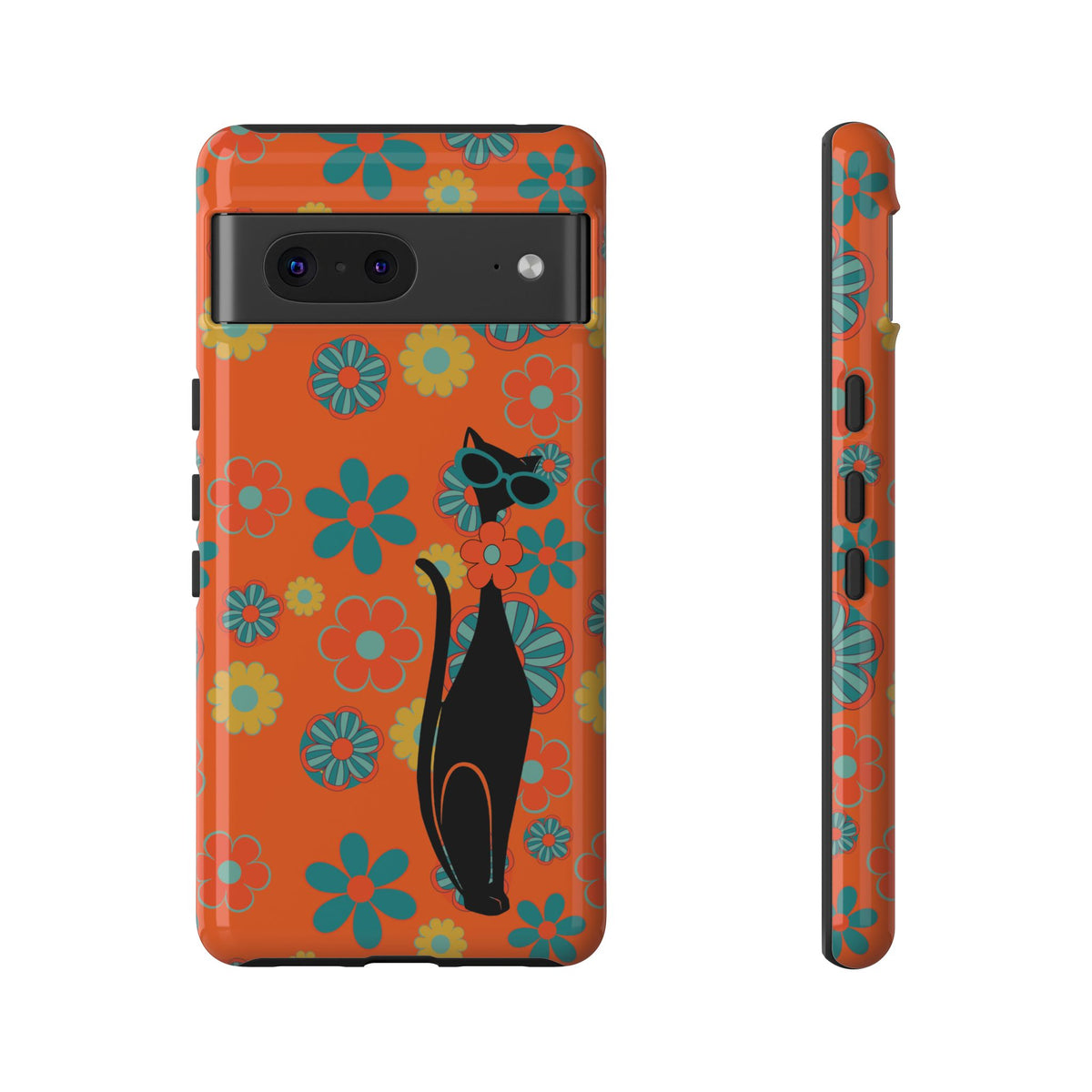 Flower Power, Retro Groovy Atomic Cat, Hipster Style Orange Samsung Galaxy and Google Pixel Tough Cases - Mid Century Modern Gal