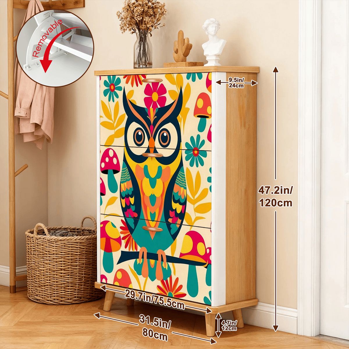 Retro 1970s Owl Mushroom Floral Mid Mod Shoe Storage Cabinet - Mid Century Modern Gal