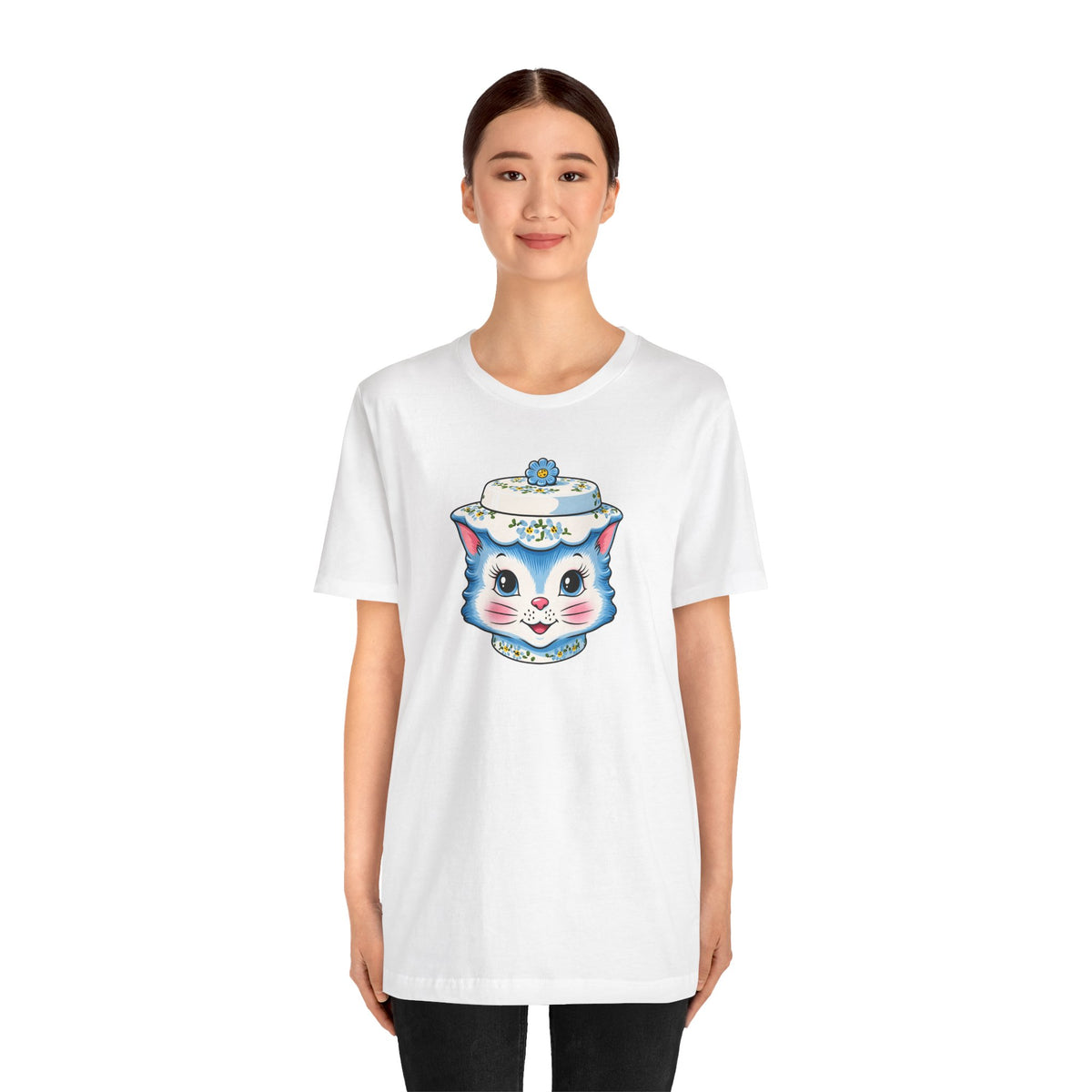 Mid Century Modern Kitschy Anthropomorphic Blue Cat with Floral Hat Unisex T-Shirt