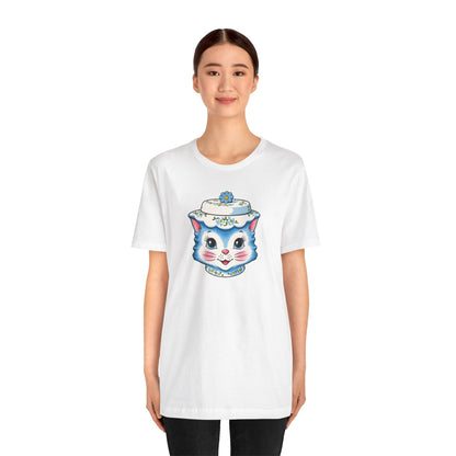 Mid Century Modern Kitschy Anthropomorphic Blue Cat with Floral Hat Unisex T-Shirt
