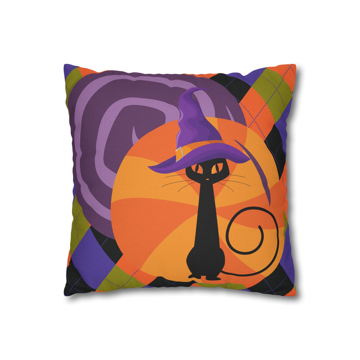 Atomic Cat Harlequin Pattern Orange Purple Black, Kitschy Halloween Pillow Cover - Mid Century Modern Gal