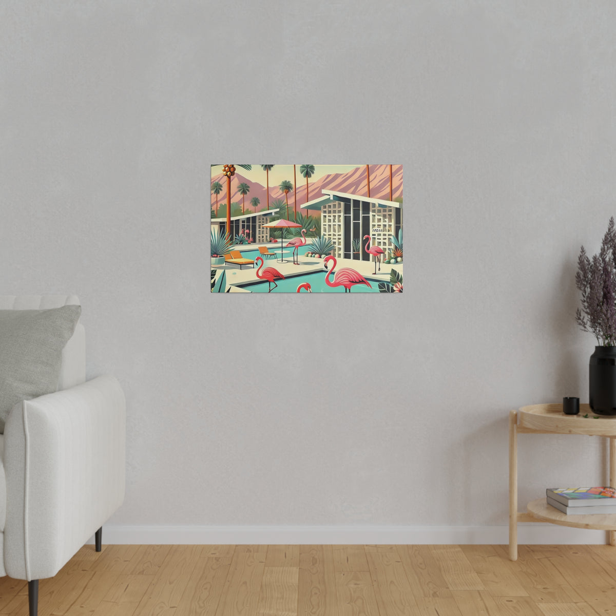 Mid-century modern wall art featuring flamingos and Palm Springs scenery, capturing a vibrant 1950s aesthetic.