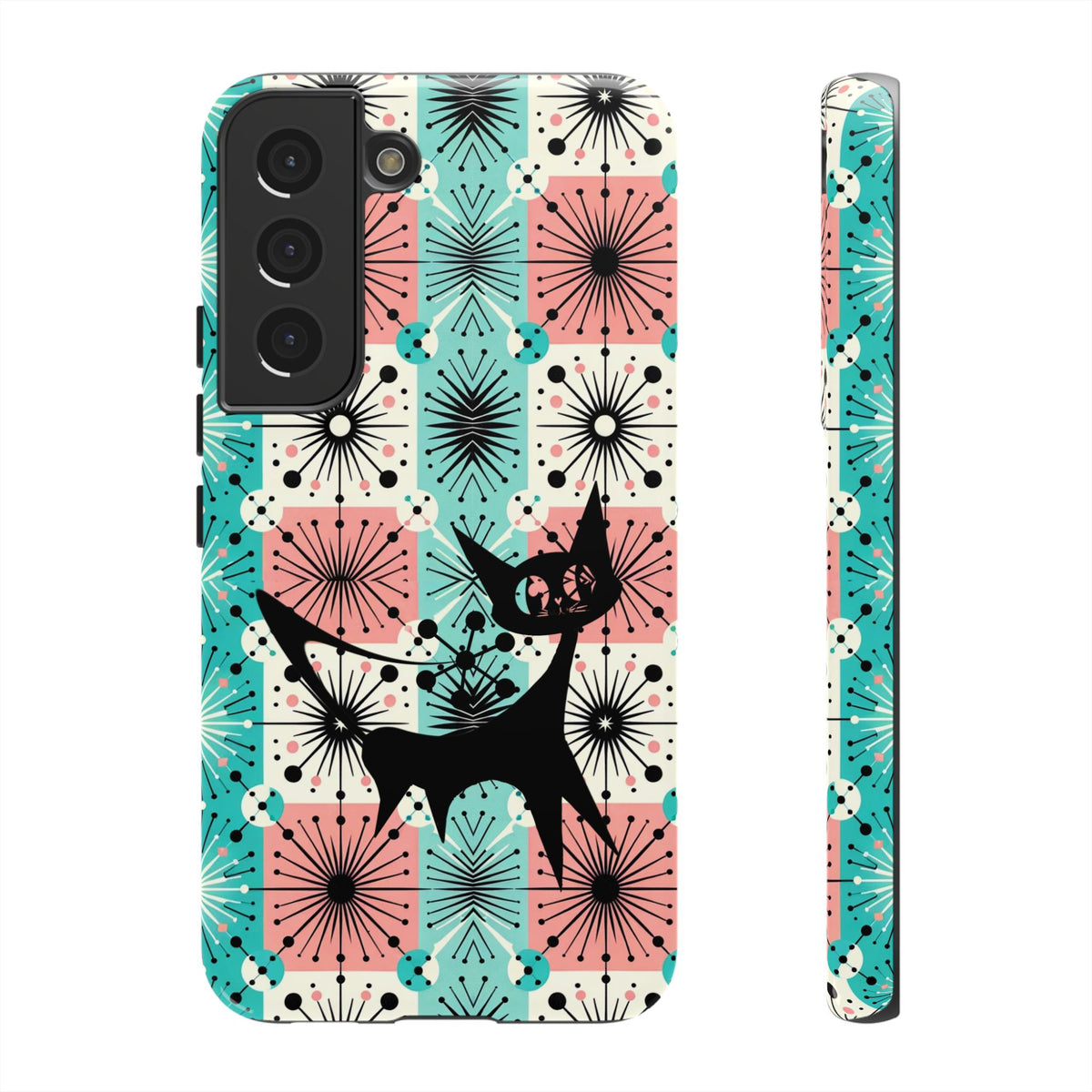 Atomic Kitschy Cat, Mid Century Modern Pink, Aqua Starbursts Tough Phone Case
