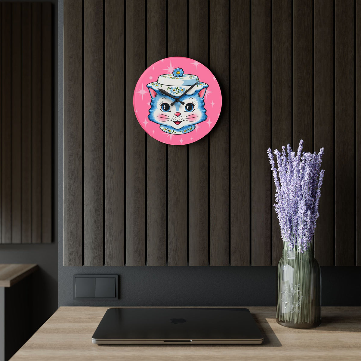 Mid Century Modern Kitschy Anthropomorphic Blue Cat with Floral Hat Acrylic Wall Clock
