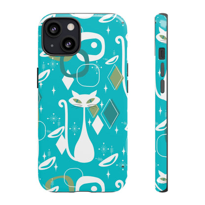 Atomic Cat Space Designs, Mid Century Modern, Aqua, White Kitschy Cat Tough Phone Case