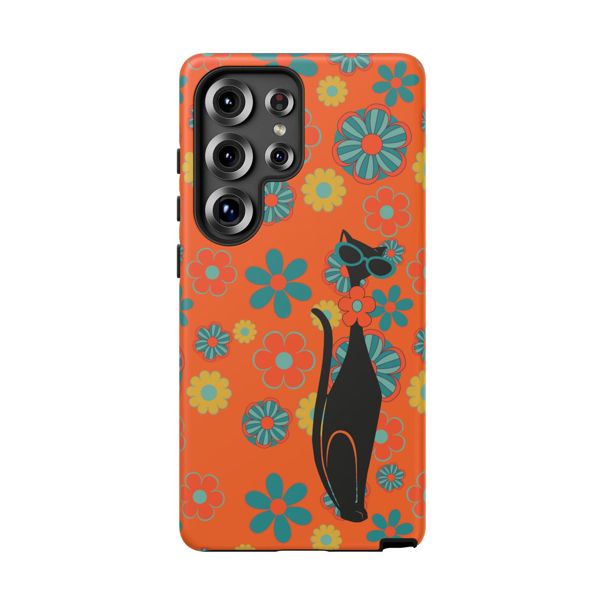 Flower Power, Retro Groovy Atomic Cat, Hipster Style Orange Samsung Galaxy and Google Pixel Tough Cases