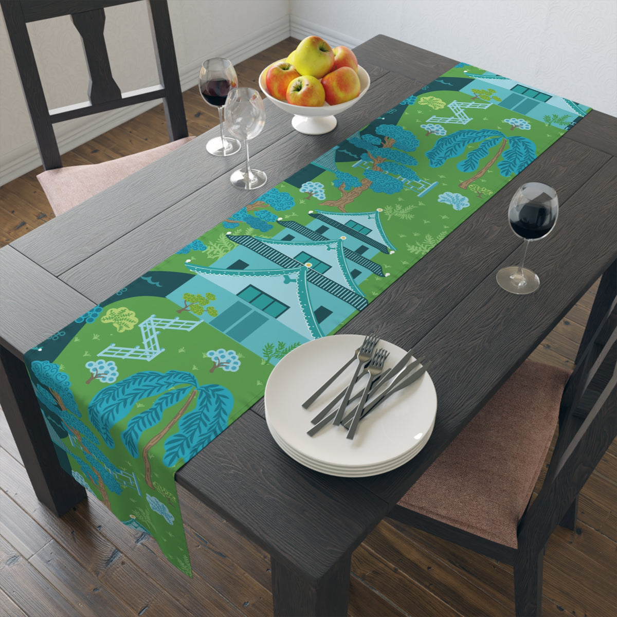 Chinoiserie Pagoda Blue, Green Tranquil Asian Inspired Table Setting Runner - Mid Century Modern Gal