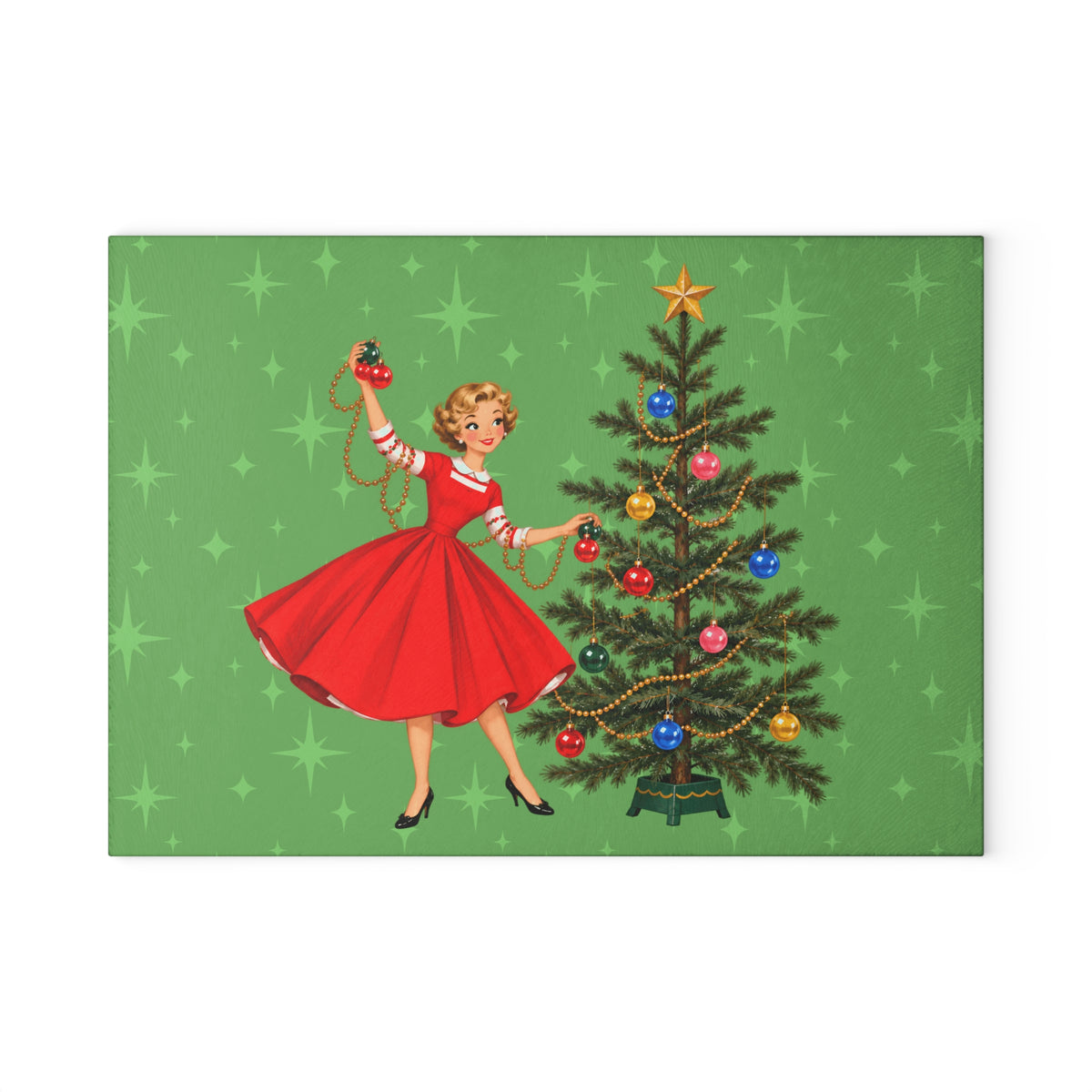 Mid Century Modern Gal Decorating Christmas Tree, Green Atomic Starbursts Glass Cutting Board