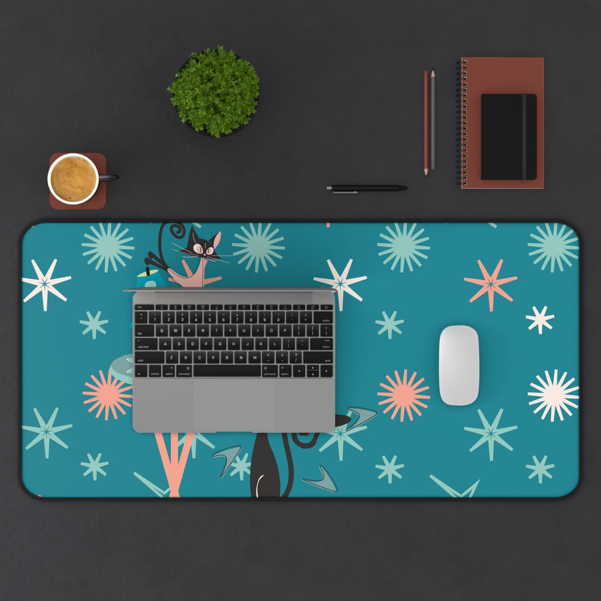 Atomic Cat Desk Mat, Kitschy Cute, Teal, Pink Starburst Mid Century Modern Office Decor - Mid Century Modern Gal