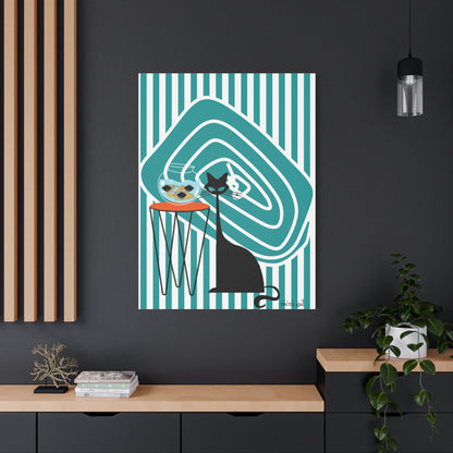 Atomic Fish Art, Mid Century Modern Striped, Teal Kitschy Cat Art - Mid Century Modern Gal