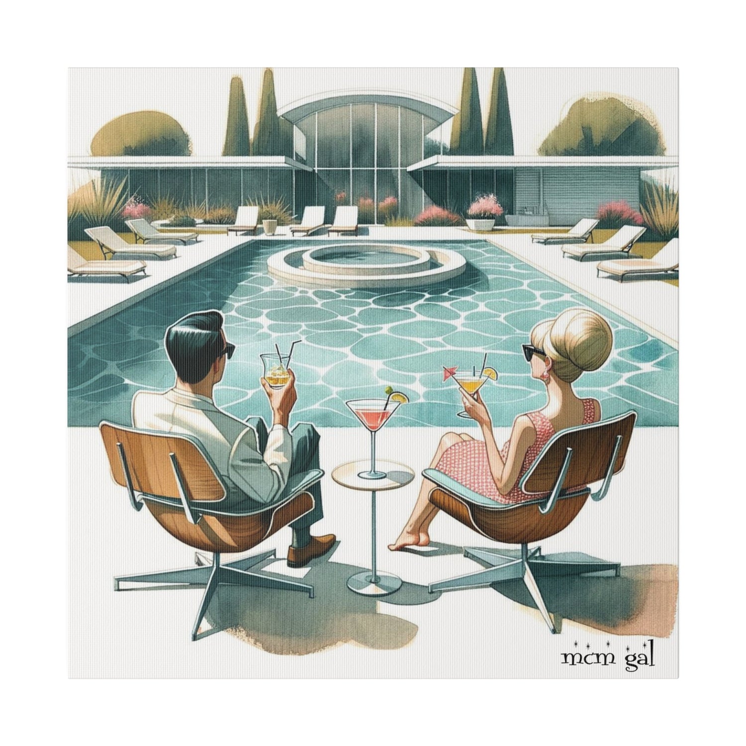 Palm Springs California, Pool, Cocktails, 50s Style Mid Century Modern Wall Art Canvas