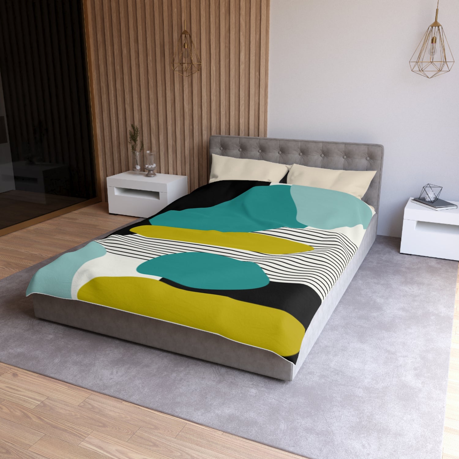 Mid Century Modern Retro MCM Design Abstract Turquoise, Green, Black, Light Blue Microfiber Duvet Cover - Mid Century Modern Gal